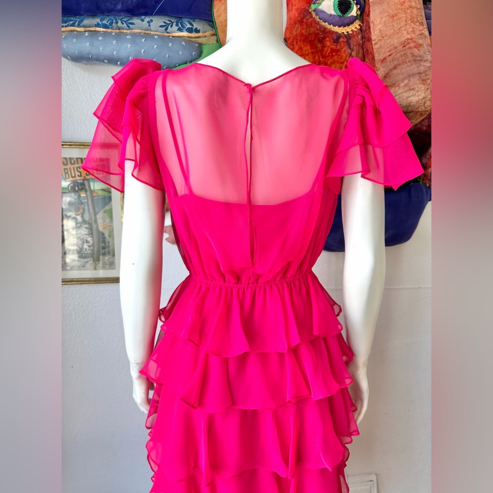 1970s PINK CHIFFON RUFFLES DRESS Vintage Ruffled Fluttery Sleeves Romantic 1980s - Picture 6 of 8